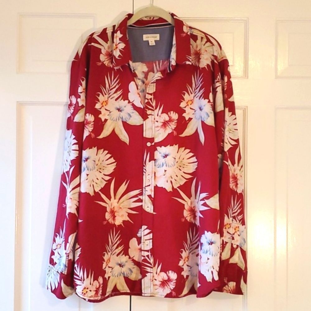 LINEN COTTON HAWAII ALOHA SHIRT MEN'S MAROON LONG SLEEVE TROPICAL XXL RUNS SMALL
